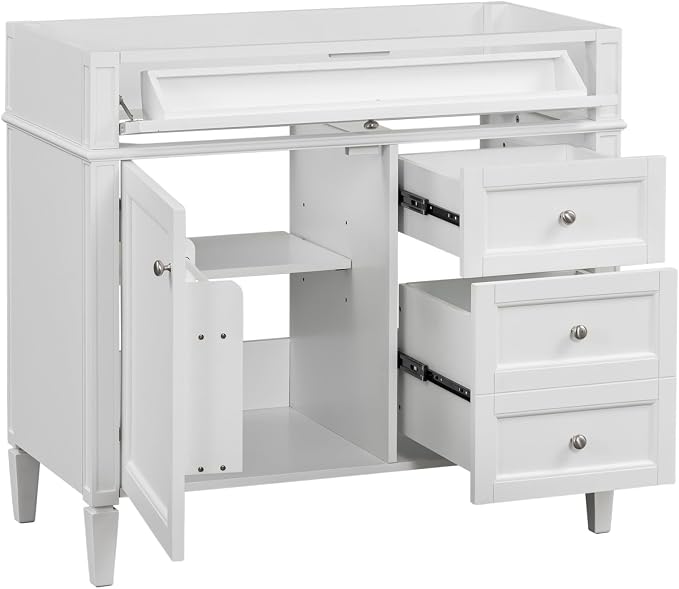 Merax 36'' Bathroom Vanity Without Top Sink, Solid Rubberwood Frame Cabinet | Modern Bathroom Vanity Storage Cabinet with 2 Drawers, Tip-out Drawer, Adjustable Shelf, Soft Closing Doors, White