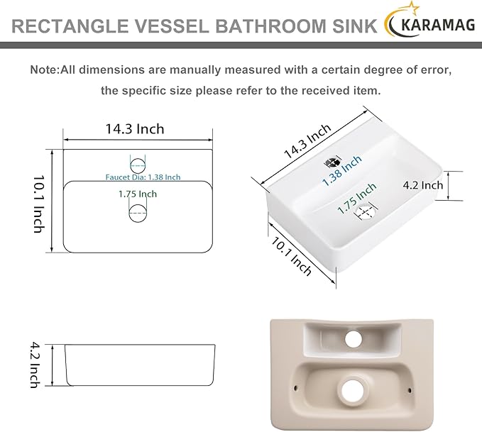 Small Vessel Sink 14"x10" Wall Mount Bathroom Sink Rectangular White Porcelain Ceramic Mini Floating Tiny Bathroom Wall Mounted RV Sink