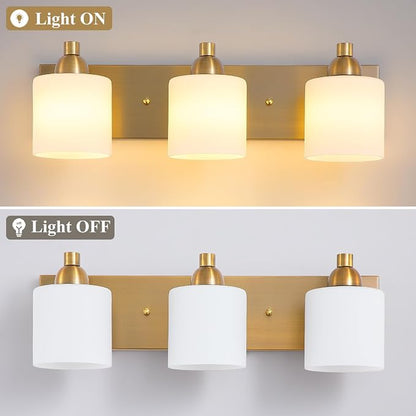 Mecgirn Stainless Steel Milk Glass Vanity Lights for Bathroom, 3 Light Brass Bathroom Light Fixtures Over Mirror, Ceramic E26 Sockets Wall Mounted