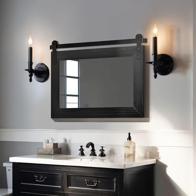 COGOOD Farmhouse Bathroom Mirrors for Over Sink - 22 x 30 Black | Rustic Barn Door Wood Framed Vanity Mirror for Entryway, Living Room, Bedroom, Dresser Wall Decor