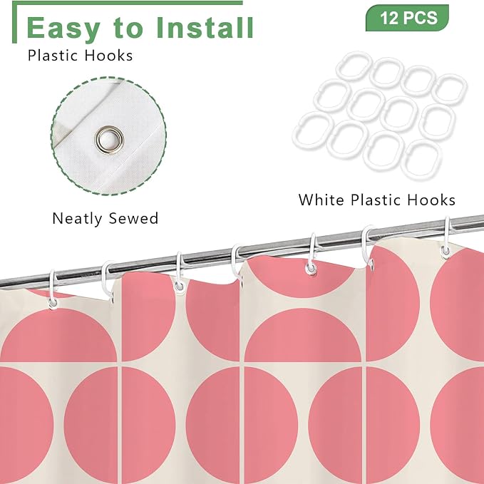 Pink Mid Century Modern Shower Curtain, Boho Abstract Geometric Retro Art Shower Curtains for Bathroom, Cute Semicircle Unique Pattern Polyester Fabric Bathroom Set 12 Hooks 72X72IN