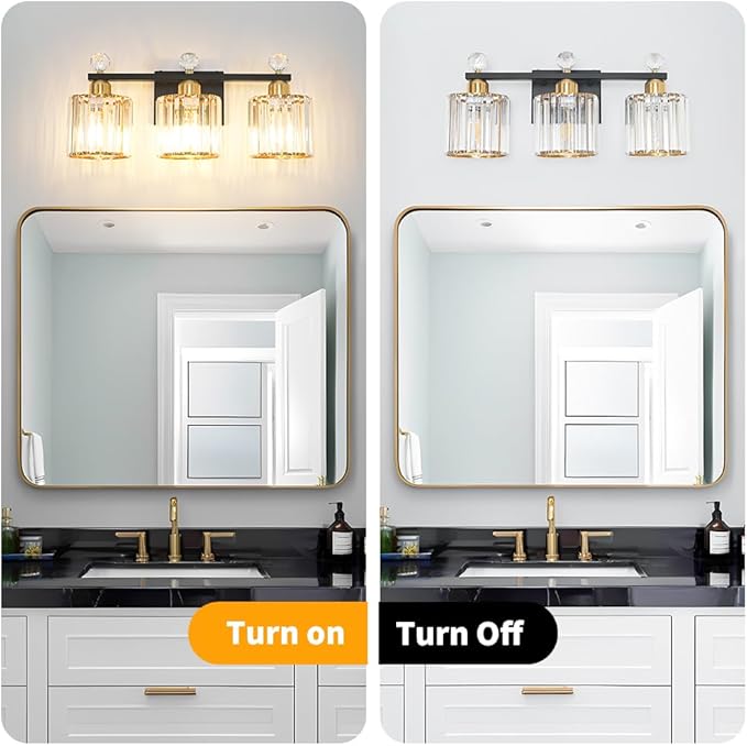Black and Gold Bathroom Vanity Light, 3-Lights Crystal Vanity Lights for Bath, Modern Bathroom Light Fixture Over Mirror, Wall Mount Lights with Clear Crystal Glass for Bedroom Living Room
