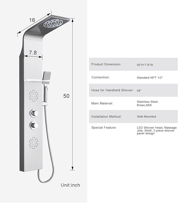 POPFLY Shower Panel Tower System with Shelf, LED Mist & Rain Shower Head, 304 Stainless Steel Shower Tower, 2 Body Jets, Tub Spout, Brushed