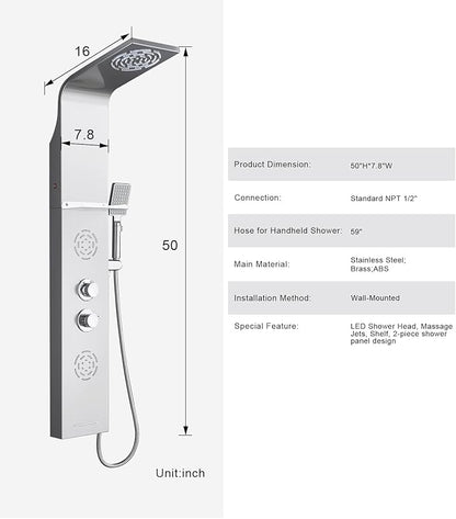 POPFLY Shower Panel Tower System with Shelf, LED Mist & Rain Shower Head, 304 Stainless Steel Shower Tower, 2 Body Jets, Tub Spout, Brushed