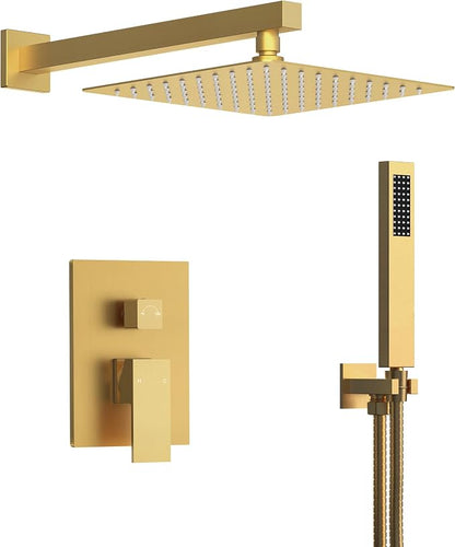 10" High-Pressure Rainfall Shower System with Handheld Spray, Wall Mount Bathroom Shower Faucet Set with Valve (Brushed Gold)
