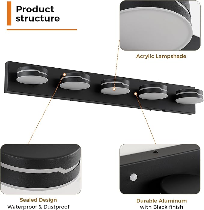 32" Motion Sensor Vanity Light, Matte Black 3CCT 5-Light Modern LED Bathroom Lighting Fixtures Over Mirror, Rotatable Head, Dimmable 3000K-6000K Color Changing Wall Sconce
