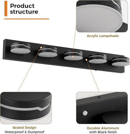 32" Motion Sensor Vanity Light, Matte Black 3CCT 5-Light Modern LED Bathroom Lighting Fixtures Over Mirror, Rotatable Head, Dimmable 3000K-6000K Color Changing Wall Sconce