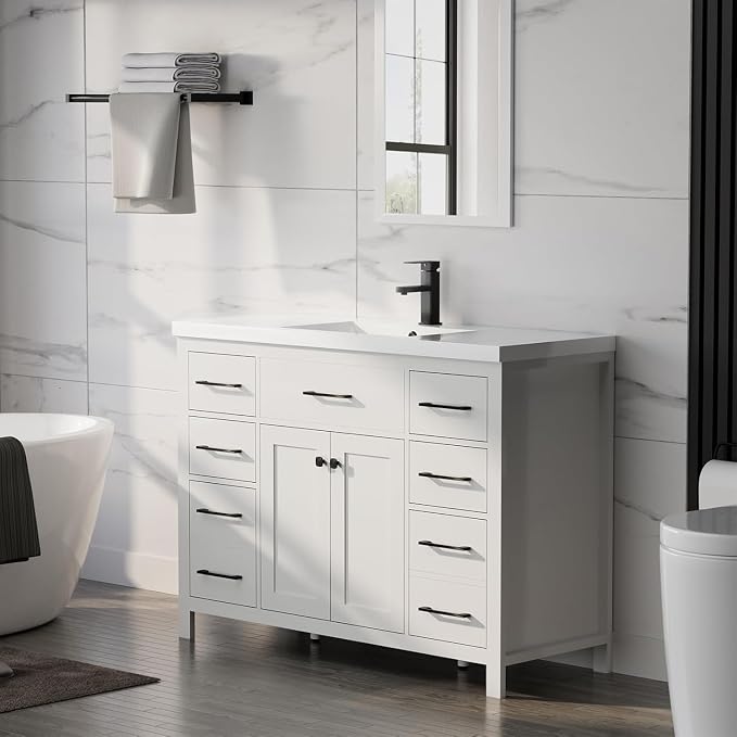 LUCKWIND 48" Modern Bathroom Vanity with Sink Combo, Contemporary Painted Storage Cabinet and Single White Sink, Include Soft-Closing Doors & Matte Black Faucet, White