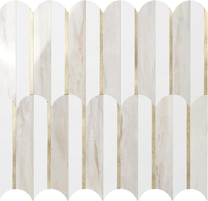 Vamos Tile Peel and Stick Backsplash Seamless Tile for Kitchen and Bathroom,1-Sheet White and Glossy Wooden Marble PVC Mixed Light Gold Self Adhesive Fish Scale Metal Mosaic Tiles