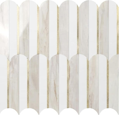 Vamos Tile Peel and Stick Backsplash Seamless Tile for Kitchen and Bathroom,1-Sheet White and Glossy Wooden Marble PVC Mixed Light Gold Self Adhesive Fish Scale Metal Mosaic Tiles