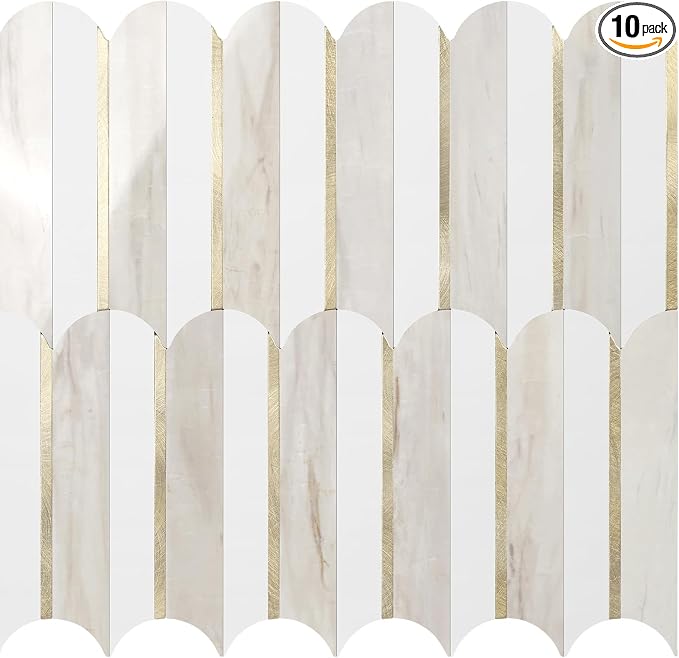 Vamos Tile Peel and Stick Backsplash Seamless Tile for Kitchen and Bathroom,White and Glossy Wooden Marble PVC Mixed Light Gold Self Adhesive Fish Scale Metal Mosaic Tiles (10 Sheets)