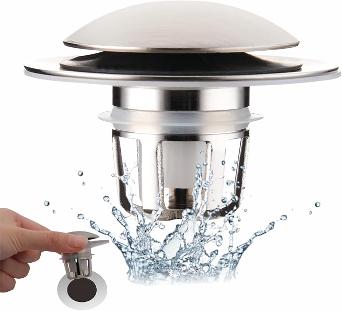 WELLUP Bathroom Sink Stopper,Sink Drain Stopper Pop Up Strainer Brushed | Bruhsed Nickel 2-in-1 Sink Stopper Replacement,Bathroom Sink Drain with Hair Catcher,Fit 1 1/8"-1 1/2",Anti-Clogging Design