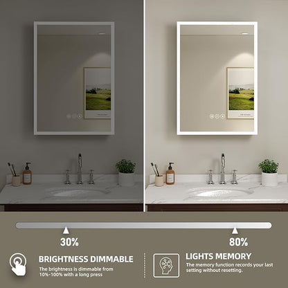 Buruis 16 x 24 Inch Medicine Cabinet with LED Lights and Mirror, Recessed/Wall Mounted Bathroom Cabinet, 3-Color Light, Defogger, Memory Function, Outlet & USB, Dimmer, Black