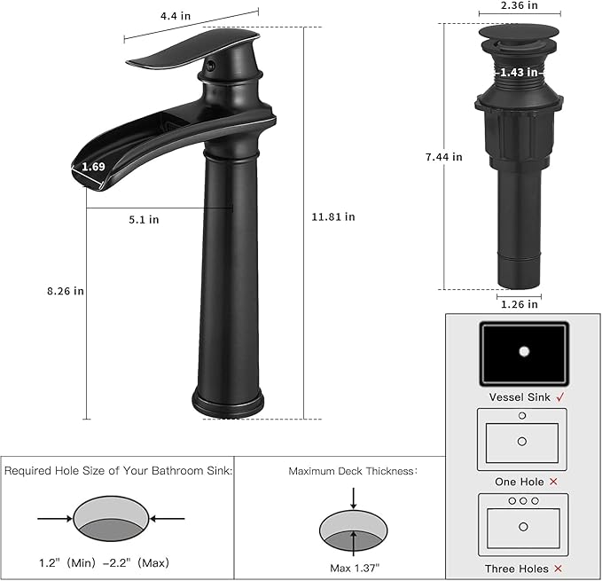 BWE Vessel Sink Faucet Waterfall Matte Black Bathroom Faucets Single Hole Single Handle Bathroom Sink Faucet Tall Vessel Faucet with Pop Up Drain and Water Supply Line