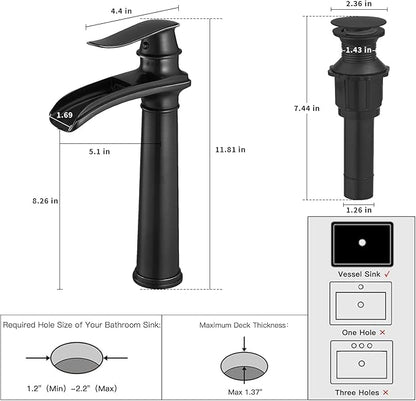 BWE Vessel Sink Faucet Waterfall Matte Black Bathroom Faucets Single Hole Single Handle Bathroom Sink Faucet Tall Vessel Faucet with Pop Up Drain and Water Supply Line