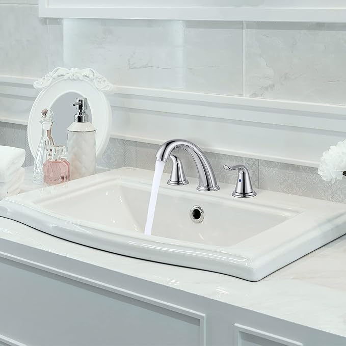 WOWOW 3 Hole Widespread Bathroom Faucet Chrome Bathroom Sink Faucets 2 Handle Bath Faucet 8 inch Vanity Faucet with Pop Up Drain Stopper Assembly Brass Mixer Taps for Bathroom Basin