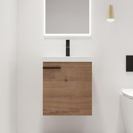 18" Floating Bathroom Vanity with Sink, Mordern Brown Vanity Combo for Small Bathroom, Single Bath Wall Mounted Cabinet Side for Narrow Space, 1 Door and 1 Ceramics Basin. (017-Imitative Oak, 18*15)