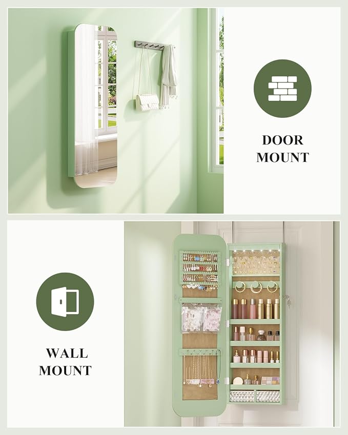 LVSOMT 6 LEDs Mirror Jewelry Cabinet Door Hanging, 42.5", Lockable, Green | Jewelry Organizer with Full Length Mirror, Wall Mounted Large Jewelry Storage for Earrings, Rings, Necklaces