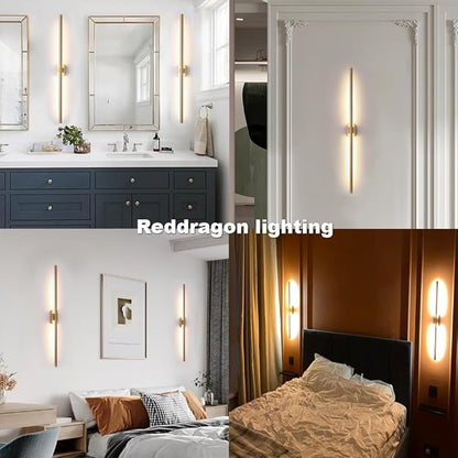 Only Suitable for Small Junction Box Set of 2 Hardwired 32 Inch Long Gold Wall Sconce Indoor Waterproof Linear Mirror Vanity Wall Light for Bathroom Bedroom Living Room (2 Pack, 32'', Gold, Dimmable)