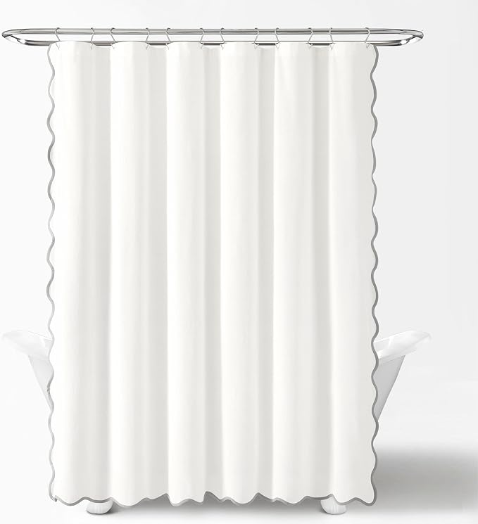 Lush Decor Coastal Chic Scallop Edge Linen-Textured Shower Curtain, Single 72" W x 72" L, Gray & White - Scalloped Shower Curtains - Coastal Bathroom Curtain