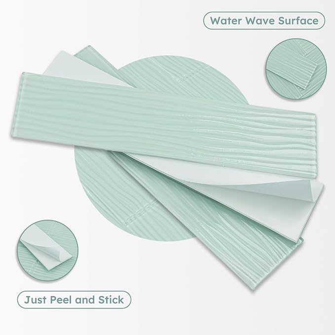 Peel and Stick Glass Subway Tiles, Green, 3x12 Inch, Water Wave Glass Backsplash for Kitchen Bathroom Wall Tiles, Pack of 20 Pieces