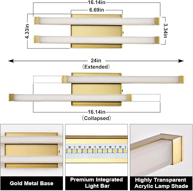 Bathroom Vanity Light Bar, 24 Inch Modern LED Bath Light, 18W 3 CCT 3000K 4000K 6000K Dimmable Hardwired Acrylic Vanity Light Bar Over Mirror, Gold, Bathroom, Bedroom, Hallway, Powder Room, Washroom
