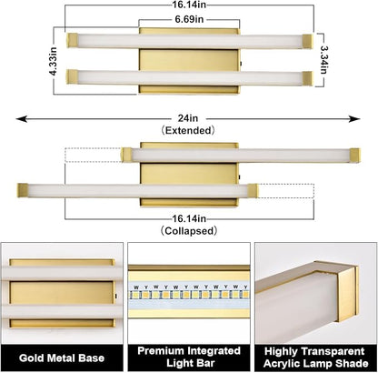 Bathroom Vanity Light Bar, 24 Inch Modern LED Bath Light, 18W 3 CCT 3000K 4000K 6000K Dimmable Hardwired Acrylic Vanity Light Bar Over Mirror, Gold, Bathroom, Bedroom, Hallway, Powder Room, Washroom