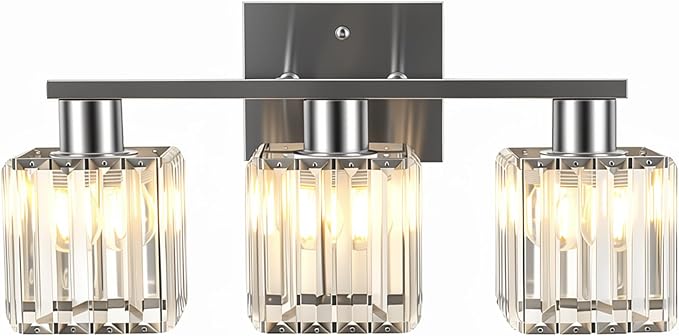 Crystal Bathroom Light Fixtures, 3-Light Brushed Nickel, Vanity Lights for Bathroom Over Mirror, Modern Bath Wall Sconce for Mirror Bedroom Living Room
