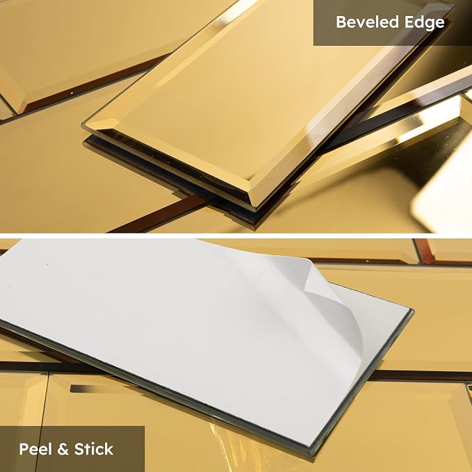 Peel and Stick Mirror Backsplash, Gold, 3x6 Inch, Beveled Mirror Subway Kitchen Bar Wall Tile (5 Sq.ft, 40 Pcs)