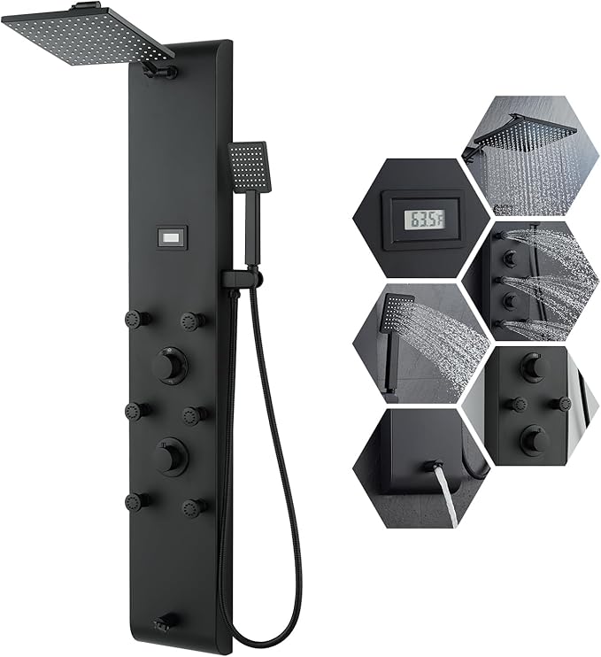 MENATT Stainless Steel Shower Panel Tower System with Height Adjustable Rainfall Shower Head, 4 in 1 Shower Panels with 6 Body Jets, Handheld Shower, Tub Spout, Brushed