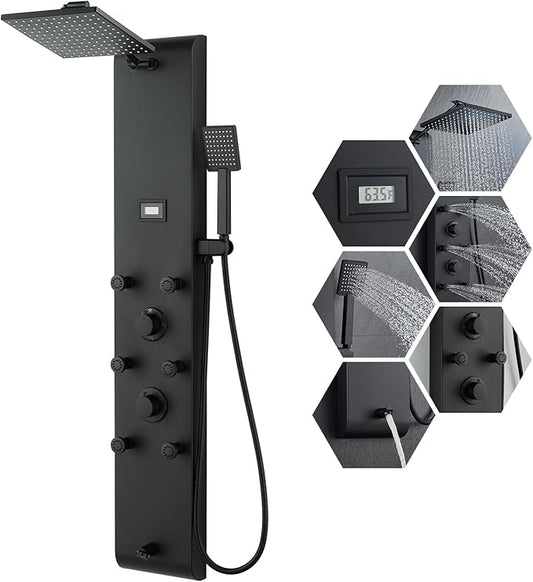 MENATT Stainless Steel Shower Panel Tower System with Height Adjustable Rainfall Shower Head, 4 in 1 Shower Panels with 6 Body Jets, Handheld Shower, Tub Spout, Brushed