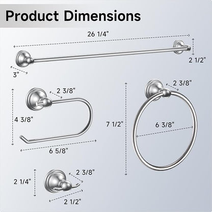 Formosa Design Hardware Classic 4-Piece Bathroom Accessories Set, 24-inch Towel Bar, Toilet Paper Holder, Towel Ring, and Robe Hook, Durable Zinc Alloy & Stainless Steel, (Polished Chrome Finish)