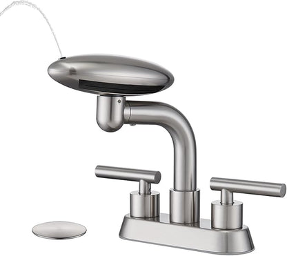 Bathroom Sink Faucet 3 Hole Brushed Nickel 4 Inch Centerset，4 Modes Waterfall Bathroom Faucet 2 Handle with 360° Swivel Spout & Pop Up Drain