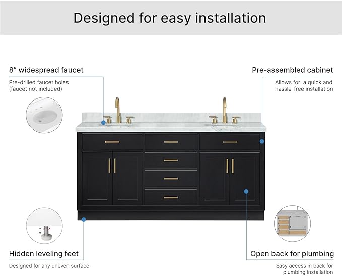 ARIEL Hepburn 72-inch Bathroom Vanity with Sink,Solid Wood, 1.5-inch Italian Carrara Marble Countertop & Backsplash, Double Oval Porcelain Sink, 4 Soft Closing Doors, 6 Dovetail Drawers, Black
