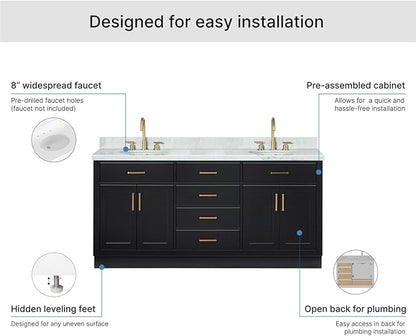 ARIEL Hepburn 72-inch Bathroom Vanity with Sink,Solid Wood, 1.5-inch Italian Carrara Marble Countertop & Backsplash, Double Oval Porcelain Sink, 4 Soft Closing Doors, 6 Dovetail Drawers, Black