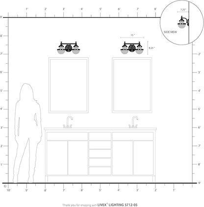 Livex Lighting 5712-05 Transitional Two Light Bath Vanity from Oldwick Collection Finish, Polished Chrome 15 x 7.25 x 8.25