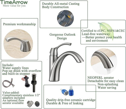 Brushed Nickel 1-Handle Single Hole Bathroom Faucet, 3-Hole Deck Plate, Pop-Up Drain and Water Supply Lines Included, TAF206-BN