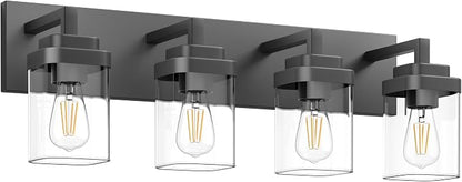 Bathroom Vanity Light, Clear Glass Shade 4 Lights Morden Bathroom Lighting Fixtures Over Mirror, Black Bathroom Light Vanity Fixtures for Bathroom/Living Room/Bedroom
