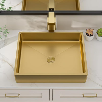 Dcolora 19 In. Gold Drop In Bathroom Vessel Sink, 16 Gauge Stainless Steel, Rectangle Design with Drain Assembly, 15"D x 19"W x 4"H #DC-VS261204