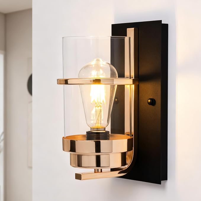 Rose Gold and Black Wall Sconce, Modern Vanity Light Fixture | Hardwired,E26 base,mid-century clear glass sconce for mirror.hallway.bathroom.fireplace