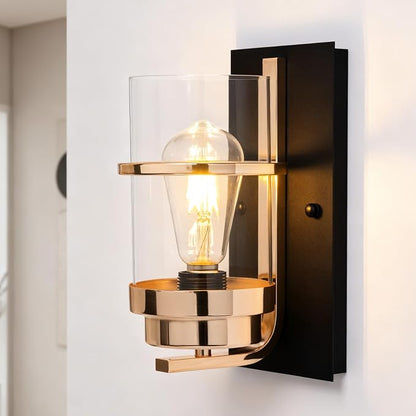 Rose Gold and Black Wall Sconce, Modern Vanity Light Fixture | Hardwired,E26 base,mid-century clear glass sconce for mirror.hallway.bathroom.fireplace
