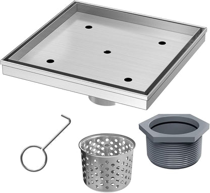 8 Inch Square Shower Drain with Tile Insert Grate, Brushed | 304 Stainless Steel, Square Tile Floor Drain for Bathroom, Removable Tile-In Drain Grate with Hair Strainer, cUPC Certified