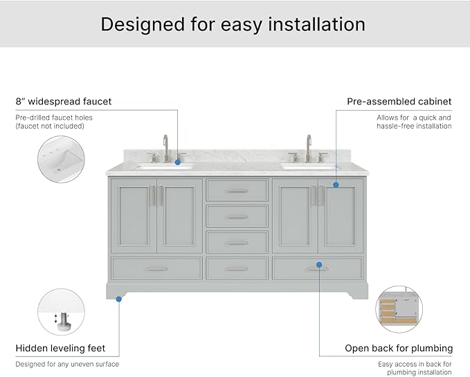 ARIEL Stafford 72-inch Bathroom Vanity with Sink,Solid Wood, 0.75-inch Italian Carrara Marble Countertop, Double Rectangular Porcelain Sink, 4 Soft Closing Doors, 6 Dovetail Drawers, Grey