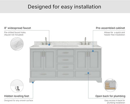 ARIEL Stafford 72-inch Bathroom Vanity with Sink,Solid Wood, 0.75-inch Italian Carrara Marble Countertop, Double Rectangular Porcelain Sink, 4 Soft Closing Doors, 6 Dovetail Drawers, Grey