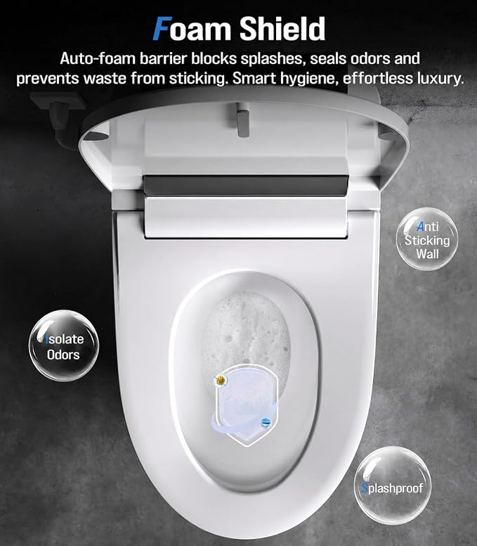 Electric Smart Toilet with Bidet Built-In & Tank, No Water Pressure Limit, Modern Design with Foam Shield, Foot Sensor & Auto Flush, Elongated One Piece, Heated Seat, Warm Air Dryer, 1000g MaP Flush