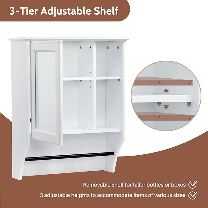 ALIMORDEN Medicine Cabinet, Bathroom Wall Cabinet with Towel Bar, Adjustable Shelves, Wall Mounted Bathroom Mirror, 19.68" D x 7.7" W x 24.2" H, White