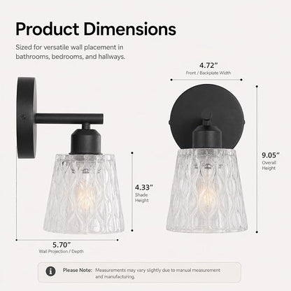Black Bathroom Vanity Light Over Mirror, 1-Light Modern Vanity Light with Textured Glass Shade, Stainless Steel Backplate, E26 Socket (Bulb Not Included)
