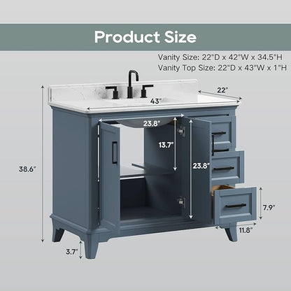 42 Inch Bathroom Vanity with Sink, Single Sink Bathroom Vanity with Adjustable Feet, Solid Wooden Frame Bathroom Sink Cabinet with Soft Closing Doors & Dovetail Drawers, Steel Blue