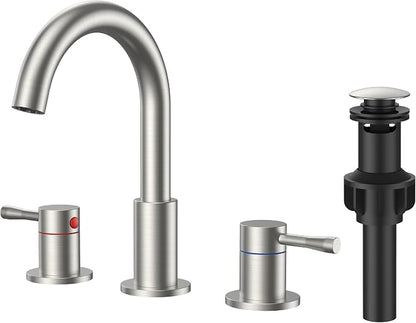 FORIOUS Bathroom Faucet 3 Hole, 360° Swivel 8" Sink Faucet Brushed Nickel | with Pop Up Drain, 2 Handles,for Sink Vanity RV Lavatory Farmhouse, 304 Stainless Steel, Lead-free, Leakproof
