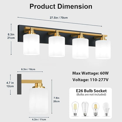 Black and Gold Bathroom Light Fixture, Modern 4 Light Vanity Lights for Bathroom Lighting Fixtures Over Mirror, White Glass Lampshade, Master & Guest bathrooms Bathroom Remodel, 27.5-inch